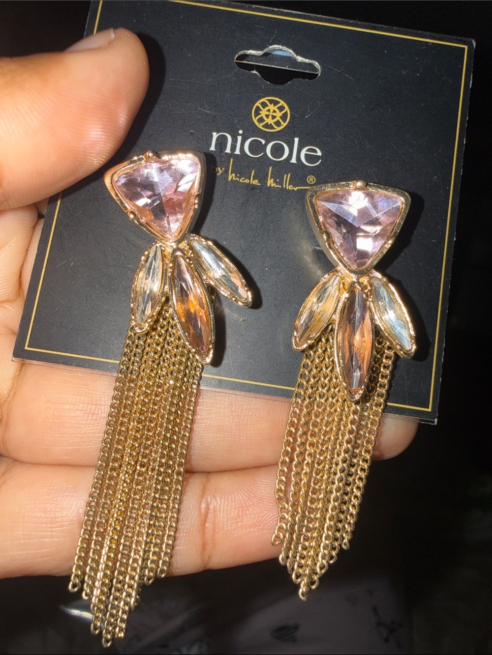 Nicole by Nicole Miller Rose Gold Tassel Earrings with Light Pink Crystals